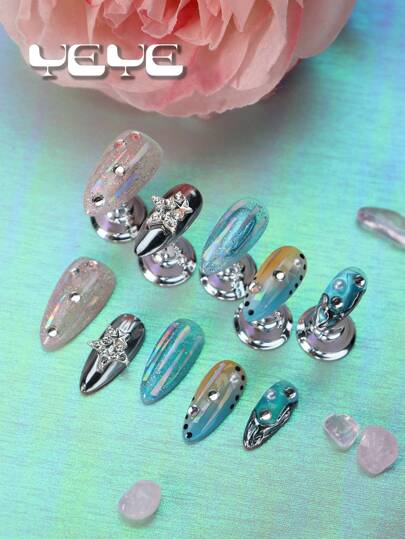 Upgrade Your Look With 10pcs Almond Shape Handcraft Blue White Glitter Laser Punk Style Summer Cool Nordic Full Coverage Fake Nail Set Charming Vanity 3d Three-Dimensional Decoration Rhinestone Decor Star Modernist Full Cover Acrylic Press On Nails Kit For Women And Girls With 1pc Mini Nail File & 1 Sheet Adhesive Tabs