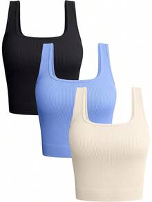 OQQ Women's 3 Piece Tank Tops Ribbed Seamless Workout Exercise Shirts 2025 Summer Basic Camis - Black Skyblue Beige - View 1