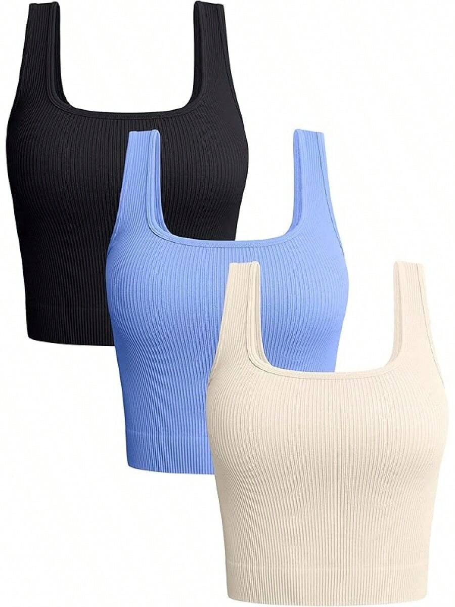 OQQ Women's 3 Piece Tank Tops Ribbed Seamless Workout Exercise Shirts 2025 Summer Basic Camis - Black Skyblue Beige - View 1