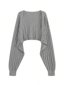 女士宽松落肩长袖轻薄开衫 - 灰色 - 查看 7