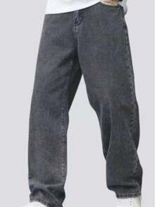 Autumn And Winter Men's Wide Leg Jeans, Vintage Street Style, Straight Fit, Faded Gray Wash, Casual And Comfortable For Everyday Wear - 深灰色 - 查看 1