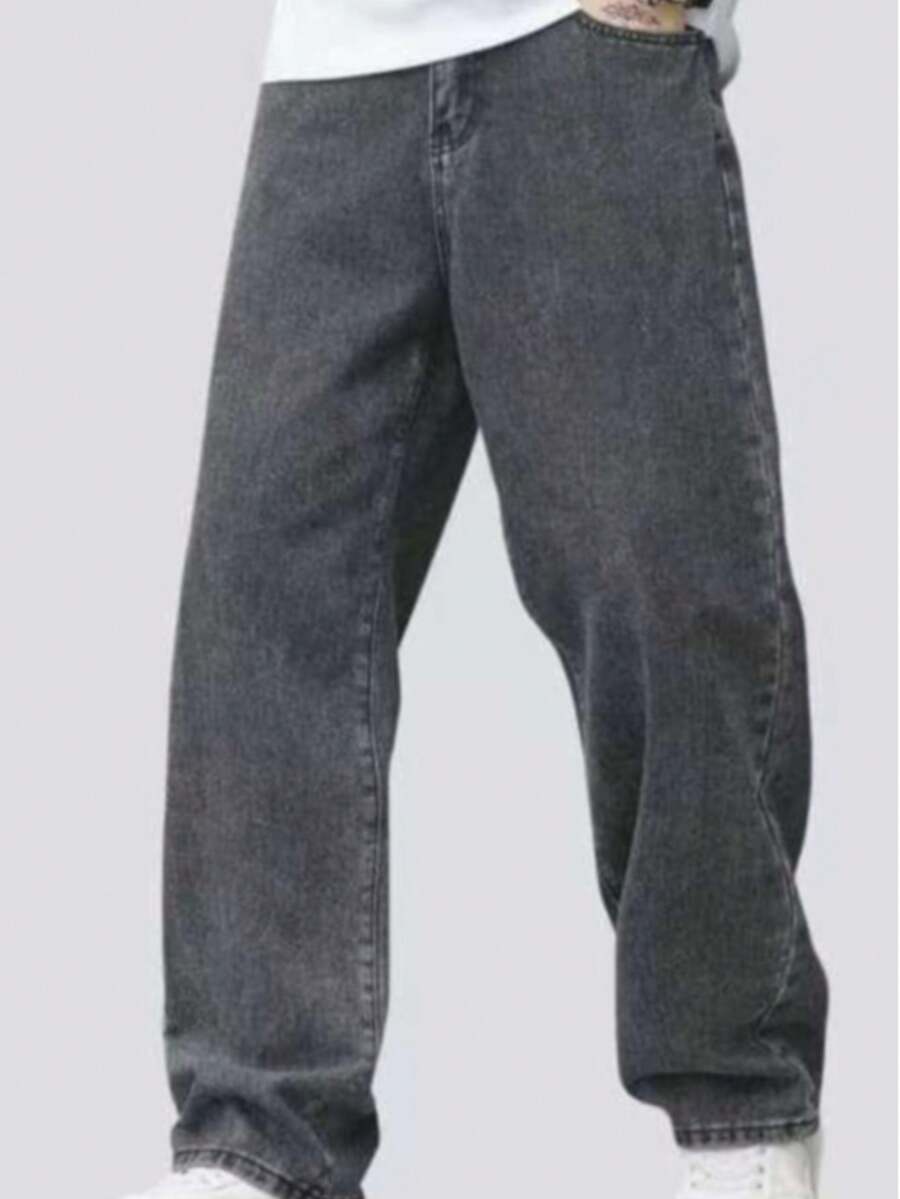 Autumn And Winter Men's Wide Leg Jeans, Vintage Street Style, Straight Fit, Faded Gray Wash, Casual And Comfortable For Everyday Wear - 深灰色 - 查看 1
