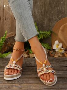 Sandales compensées d'été neuves pour femmes, avec fond épais. Décor de strass, style bohème tressé à bout rond ouvert. Confortable, légère, talon compensé, semelle corde. Parfait pour la plage et les vacances. Idéal comme cadeau.