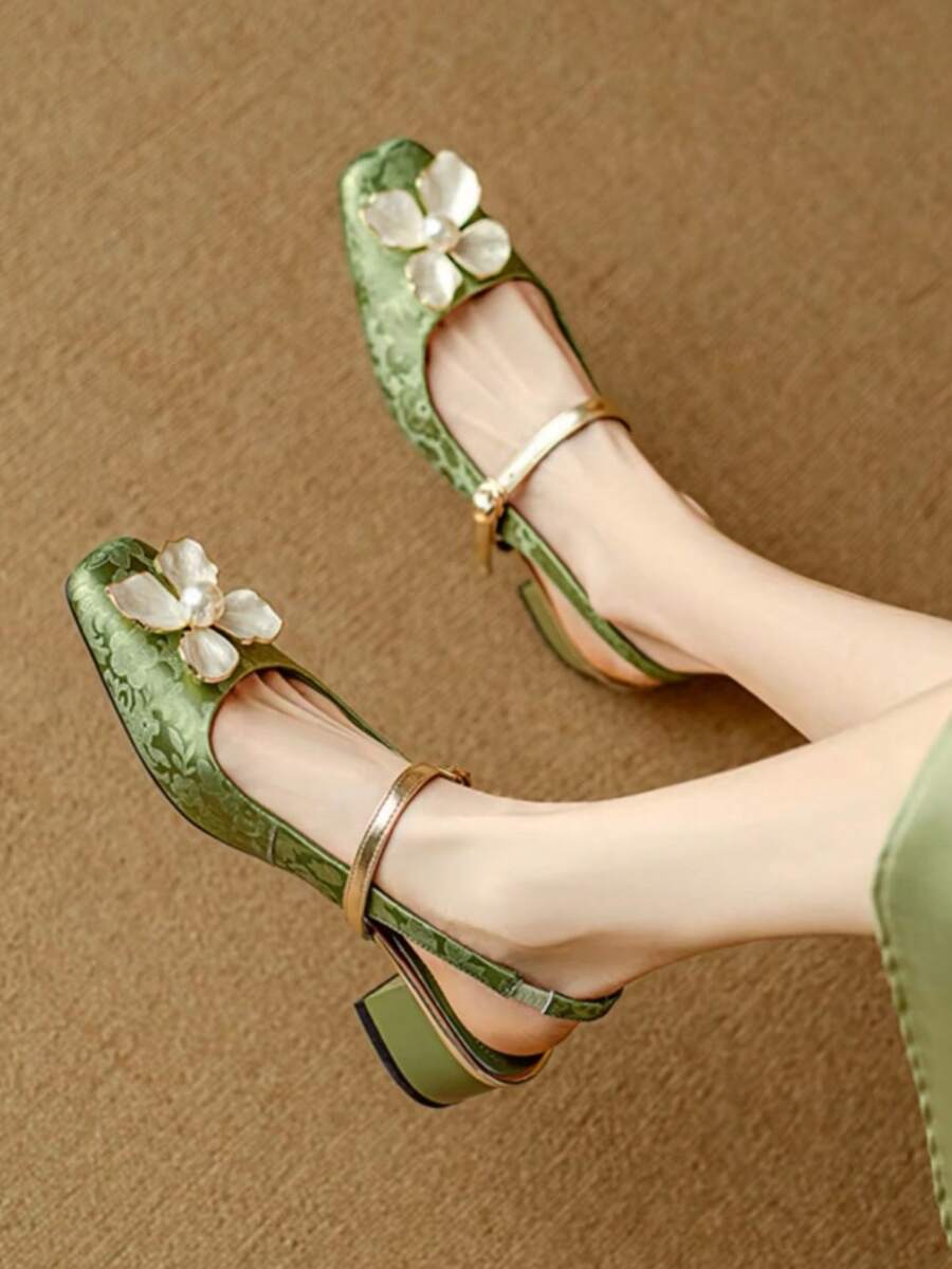Pearl Camellia Bow Slide Sandals, Women Summer French Retro Faux Leather Mid Heel Mules - Green - View 1