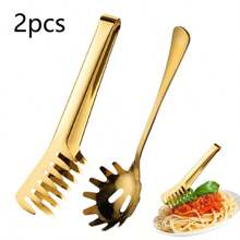 2 peças Colheres para Massa de Aço Inoxidável com Dentes, Conjunto de Utensílios Italianos para Massa, incluindo Garfo para Massa, Pegador de Massa de 9,33" e Garfo para Massa de 9,45", Reutilizáveis e Seguros para Lavar na Máquina de Lavar Louça (Dourado)