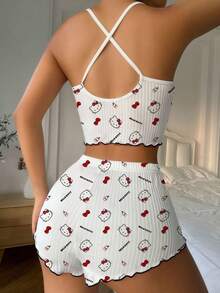 Sanrio 两件套女士三丽鸥Hello Kitty睡衣套装，夏季短裤+上衣家居服套装，春夏装，包含吊带背心和裤子，两件套，吊带睡衣套装 - 白色 - 查看 5