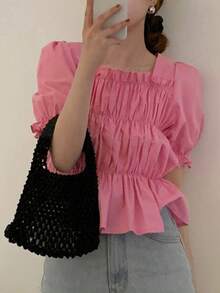 Blusa elegante de verano con manga abullonada y fruncidos - Rosa - Ver 4