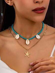2pcs/Set Boho Style Beaded Seashell & Starfish Pendant Necklace Set For Women - Yellow Gold - View 6