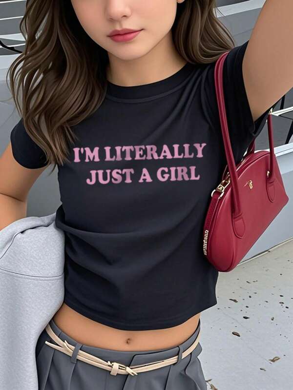 1 Stück Mädchen Lässig Kurzarm Grafik T-Shirt, stilvoller Buchstaben-Muster Crop Rundhals T-Shirt für Teenager, Sommer