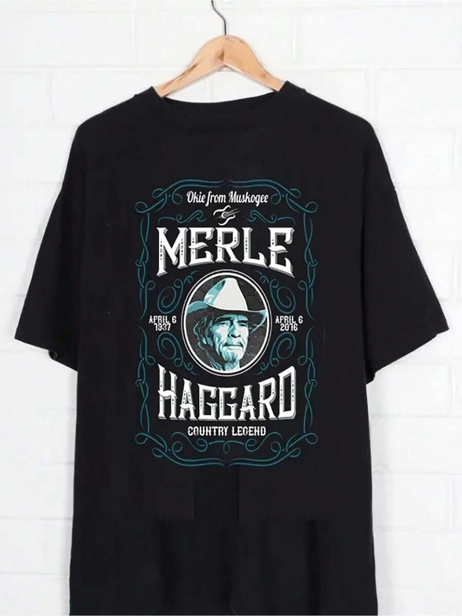 GVF-TEE Merle Haggard T-Shirt Cotton Black Short Sleeve Unisex All Size S To 5XL - Black - View 1