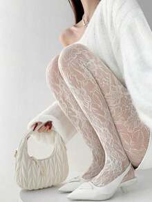 1双女士新款复古性感长筒袜，白色图案透明打底裤，花朵镂空，黑色蕾丝网眼连裤袜，适合春夏穿着 - 白色 - 查看 2