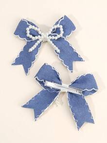 2pcs Blue Hair Bows For Women Solid Color Pearl Bow Alligator Clips Elegant Pearl Bow Hair Clips Wedding Vacation Bow Barrettes Women Hair Accessories - Blue - View 6