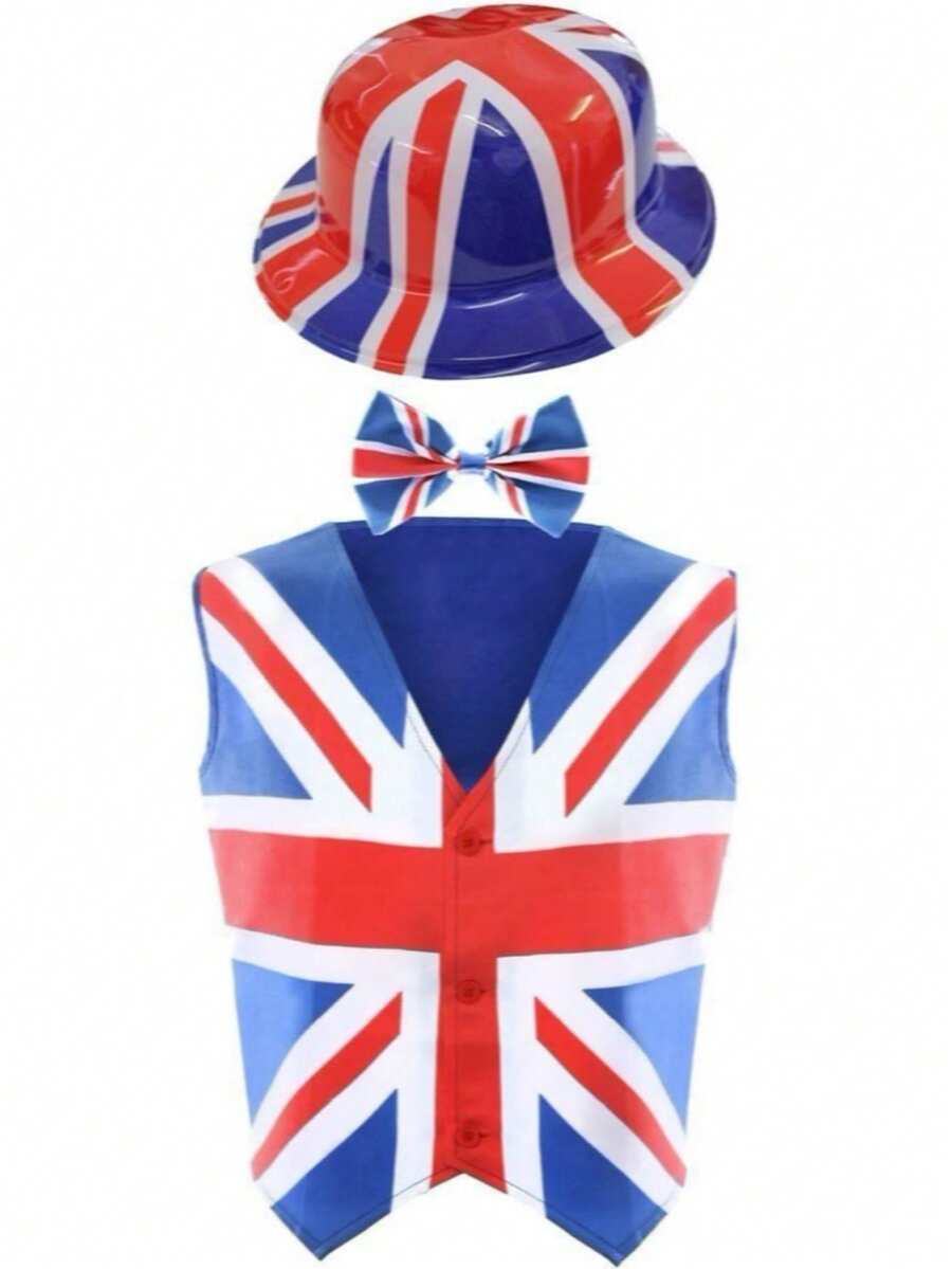 Union Jack Waistcoat, Bow Tie & Bowler Hat – British Flag Fancy Dress Costume For Men & Women – Eurovision, Royal Events, Stag Parties & National Celebrations - Union Jack Costume, British Bowler Hat Outfit, Best Of British Fancy Dress, Uk Flag Waistcoat, Eurovision Costume, Royal Celebration Outfit, Patriotic Costume, Mens British Vest, Novelty Bowler Hat, Unisex British Dress-Up - red white and blue - View 1