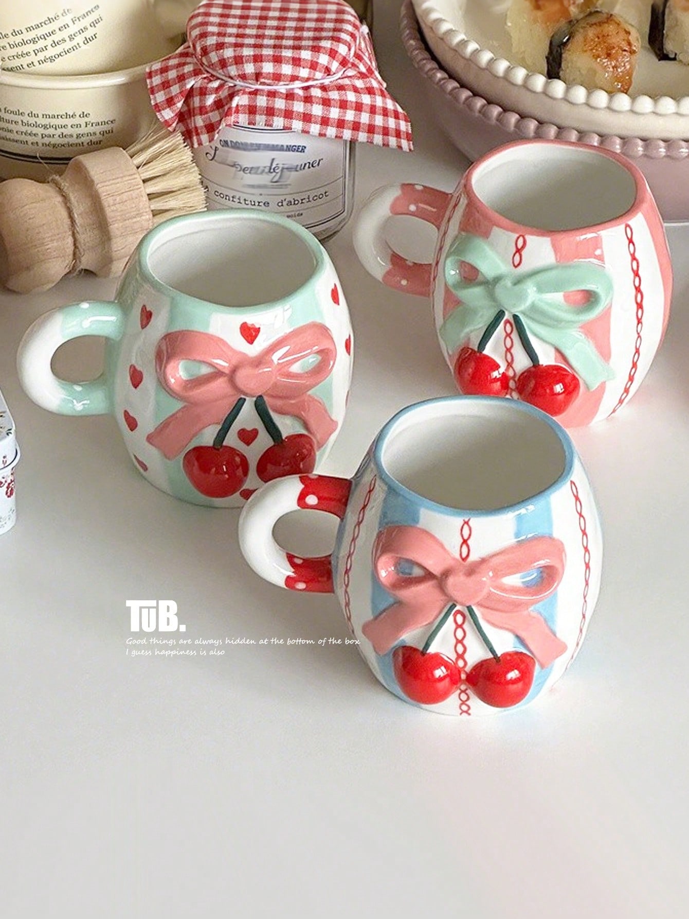 كوب سيراميك محلى بعقدة فراشة وزخرفة الكرز، كوب فتي...