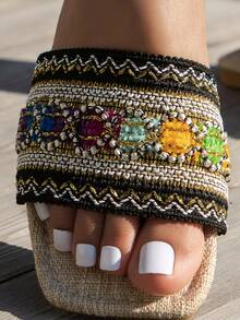 WRCVS Women's Embroidered Slip-On Flat Sandals, Woven Bohemian Style Slippers, Random Floral Pattern Slides For Party & Vacation - Black - View 7