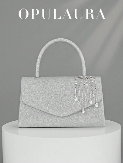 OpulAura 女士时尚闪亮流苏水晶水滴装饰派对手提包，优雅晚礼服配饰手拿包，适合浪漫婚礼、正式派对、舞会、鸡尾酒会，配有可拆卸链带，随机水晶流苏图案