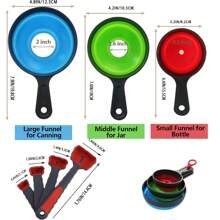 Juego de 3 piezas que incluye: Embudo de enlatado para frascos anchos y regulares, Cuchara medidora con escala, Embudos de boca ancha Set de 3, Grandes para tarros Mason, Accesorios de cocina de silicona plegables para transferir mermelada, jugo, especias y aceite