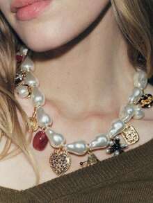 Asymmetrical Pearl Necklace, Baroque Style, Simple Fashion Faux Pearl Love Geometry Pendant, Suitable For Daily Wear, Women's Necklace