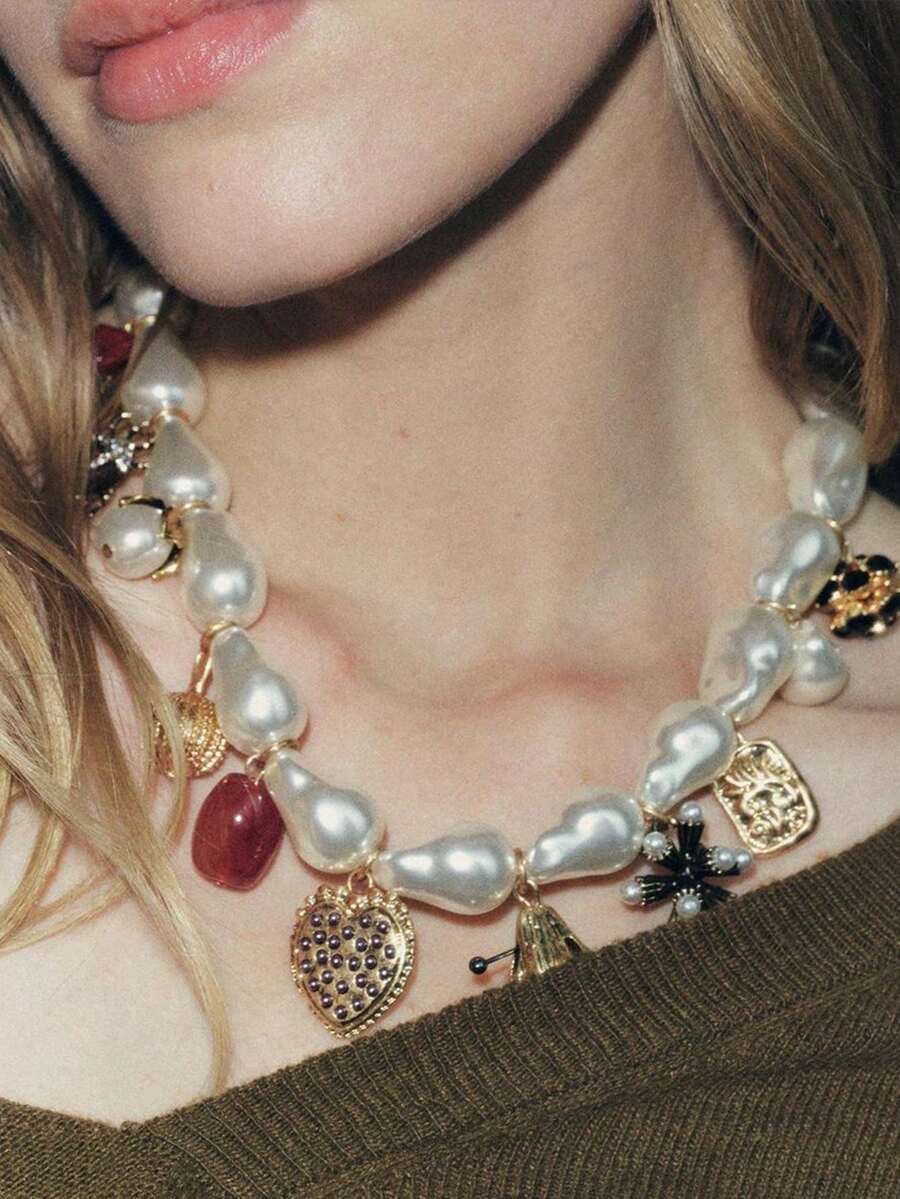 Asymmetrical Pearl Necklace, Baroque Style, Simple Fashion Faux Pearl Love Geometry Pendant, Suitable For Daily Wear, Women's Necklace