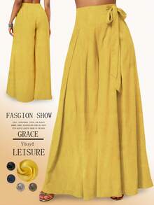 Women's Fashionable, Casual & Elegant Wide-Leg Pants Made Of Coarse Fabric, High-Waisted With Elastic Waistband And Side Straps, Suitable For Spring/Summer - Yellow - View 3