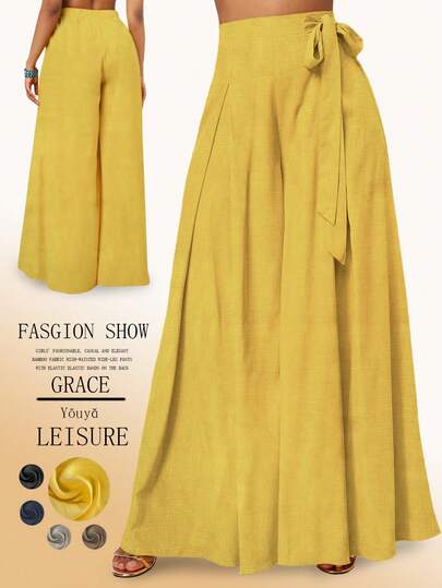 Women's Fashionable, Casual & Elegant Wide-Leg Pants Made Of Coarse Fabric, High-Waisted With Elastic Waistband And Side Straps, Suitable For Spring/Summer