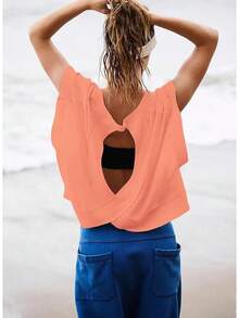 Women Short Sve Workout Shirts Open Back Tops Casual Yoga Y2k Athletic Gym Slouchy Crop Running Tees - Coral - 查看 5