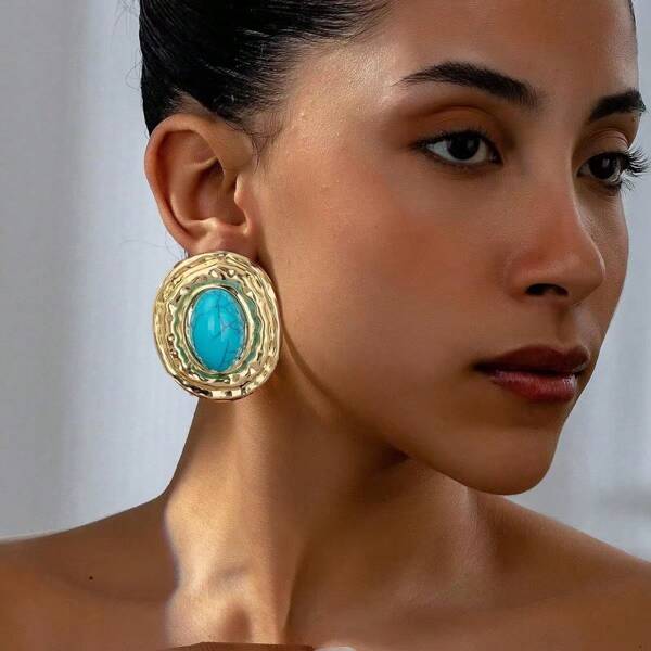 1 Pair Fashionable Vintage-Style Faux Turquoise Textured Oval Stud Earrings, Versatile And Simple Design