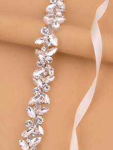 1件银色水晶新娘腰带，配象牙色丝带，婚纱腰带，情人节配饰