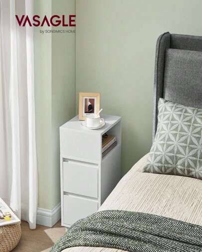 VASAGLE VASAGLE Comodino Stretto, Tavolino con 2 Cassetti e Scomparto Aperto Montato verso Sinistra o Destra, per Camera da Letto, Soggiorno, Bianco Nuvola