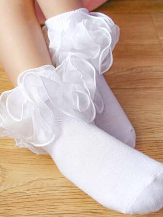 1 Pair Girls' Ruffle Trim Mid Calf Socks, Simple Casual Solid Color Socks For Daily Wear