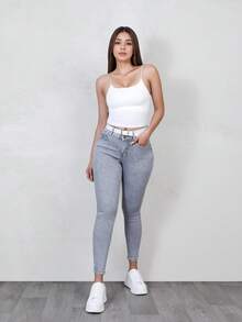 Skinny Jeans Tipo Cargo, Pantalones Pegados Color Azul con Detalles de Desgarre y Cinturón,  Efecto Levanta Glúteos que Moldea la Figura - Gris Claro HSL7039 - Ver 5