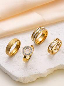 4/5 Pieces Fashionable And Exquisite Stainless Steel Ring 18k Gold Plated With Diamonds Round Square Ring Suitable For Women'S Daily Wear Dating Play Wedding Engagement Holiday Gift Jewellery