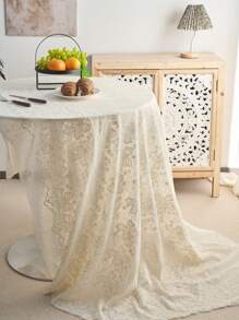 1pc French Style Minimalist Cream Lace Tablecloth With Embroidered Flowers And Bells, Suitable For Outdoor Wedding Decor, TV Cabinet Cover, Birthday Party, Afternoon Tea, Garden Photoshoot Background, All Seasons