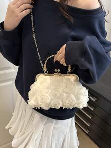2025 Spring/Summer White Romantic Wedding Season 1pc White Pearl Net Flower Clasp Handbag, Elegant Women's Luxury Formal Dress Evening Bag, Bridal Wedding Party Clutch, 3D Floral Design Shell Clip Bag, Spring New Gift For Girlfriend, Wife, Bridesmaids
