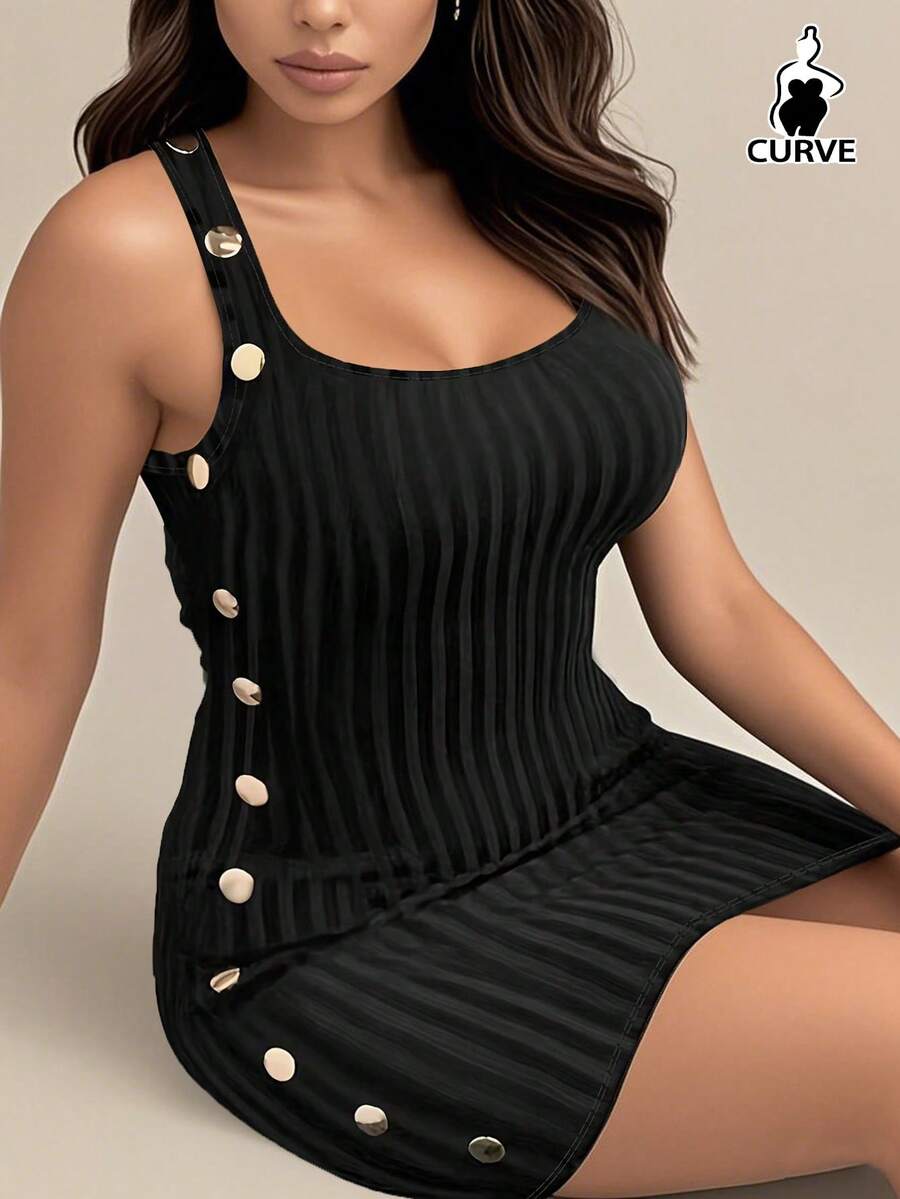 Plus Size Solid Color Casual Bodycon Spring & Summer Round Neck Rivet Decor Sleeveless Vacation/Dating/Streetwear Mini Dress - Black - View 1