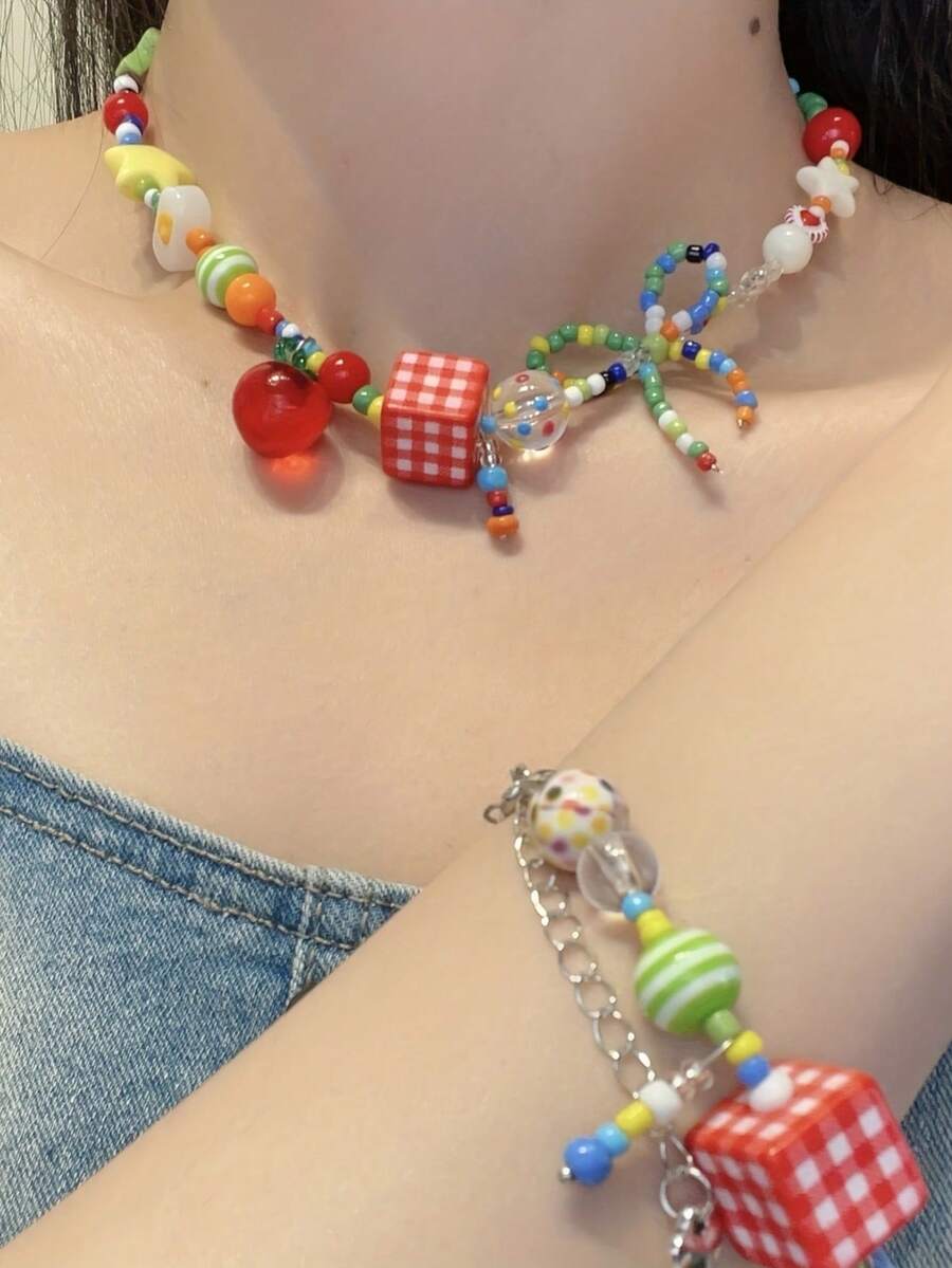 Bộ 2 chiếc/Bộ vòng cổ và vòng tay hạt cườm hình quả táo và ngôi sao nhiều màu Dopamine dễ thương dành cho nữ - Đầy màu sắc - Xem 1