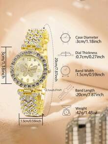 2pcs/Set Gold Tone Alloy Strap Women's Watch Set, Fashionable & Luxurious, Diamond Butterfly Dial Quartz Watch & Bracelet Set, Suitable For Daily Outfit Or Holiday Gift - Gold - View 5