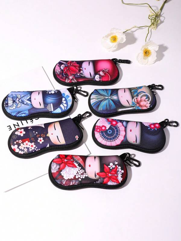 1pc Kawaii Japanese Puppet Doll Print Rubber Eyeglass Case With Keychain Durable Zippered Pouch For Men & Women Fits Various Eyeglass Styles Eywear Accessory
