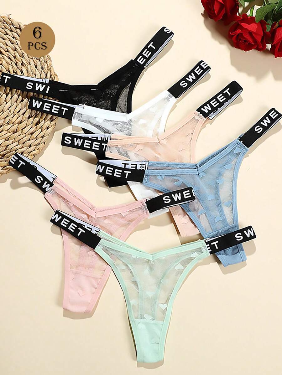 6pcs/Set Sexy Women Mesh Thong Panties, Low Waist English Letters Fashion Seamless Comfortable Underwear