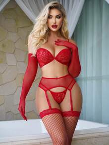 Conjunto sexy de 5 piezas en color rojo clásico que incluye: Sujetador + Tanga + Ligueros + Medias de red + Guantes. Todos estos artículos de lencería sexy de alta gama con encaje y diseño seductor son prendas de moda.