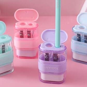 1pc Random Color Creative Stationery 2-In-1 Pencil Sharpener & Eraser, Morandic Color, Portable Mini Dual Hole, Novelty Stationery, School Supplies, Back To School, Holiday Gift, Office Supplies, Christmas, Halloween Gift