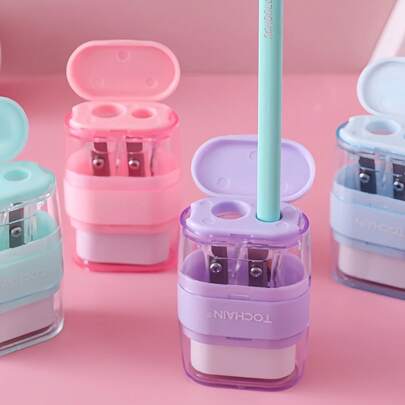 1pc Random Color Creative Stationery 2-In-1 Pencil Sharpener & Eraser, Morandic Color, Portable Mini Dual Hole, Novelty Stationery, School Supplies, Back To School, Holiday Gift, Office Supplies, Christmas, Halloween Gift