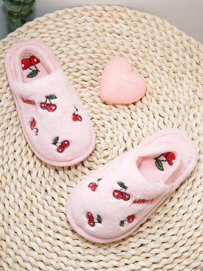 A Pair Of Fashionable And Cute Cherry Embroidered Decorative Anti Slip Warm Slippers, Suitable For Children To Wear