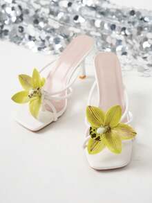 planare Women's Fashion Elegant Yellow Slim High Heel Sandals, Decorated With Flowers, Suitable For Casual, Party, Date, Office, Stable And Comfortable, Stylish And Chic Ladies High Heel Sandals (Asymmetrical Flower Arrangement) - Yellow - View 6