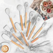 19pcs Premium Silicone Kitchen Utensil & Knife Set - Heat-Resistant, Non-Stick Safe Cooking Tools With Wooden Handles & Chef Knives - Includes Storage Stand - Perfect Gift For Juneteenth - 白色 - 查看 11