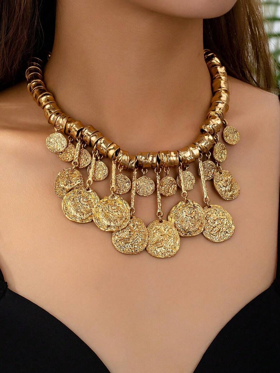 1pc Asymmetrical Vintage Coin Style Tassel Decor Necklace, Elegant Luxurious Look