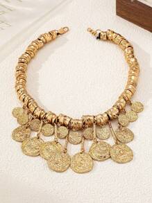 1pc Asymmetrical Vintage Coin Style Tassel Decor Necklace, Elegant Luxurious Look