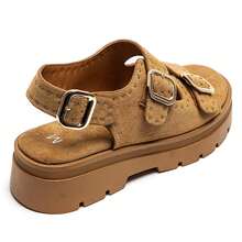 Platform Sandals With Double Buckles And Decorative Studs, Notched Sole - Camel - View 4