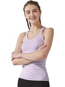 Yoga Racerback Tank Top For Women With Built In Bra,Women's Padded Sports Bra Fitness Workout Running Shirts - 紫色 - 查看 5