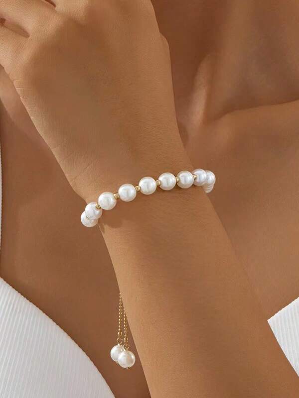 1 pulseira elegante de liga de pérolas artificiais expansível com contas, adequada para uso diário feminino